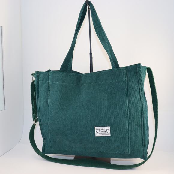 Green Corduroy Shoulder Tote Bag with Crossbody Strap - Picture 1 of 6